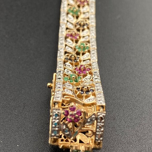 Wheeler Manuf. Sterling Silver Gold Vermeil Ruby Emerald Sapphire 7" Bracelet - Picture 14 of 16
